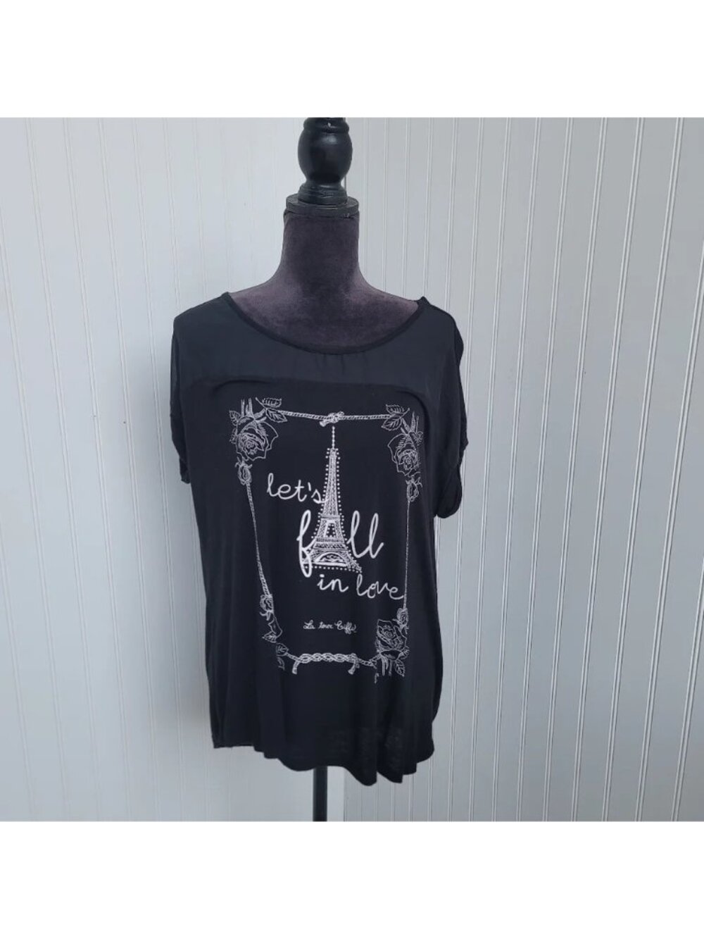SJS Women's XL T-Shirt Black Studded Let's Fall In Love Eiffel Tower Stretch Top